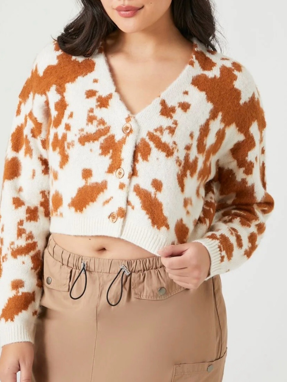 Fuzzy Cow-Print V-Neck Cropped Sweater